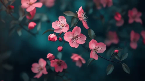 Pink Blossom Clusters in Deep Teal Depth of Field Composition.