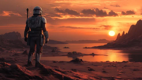 Armored explorer surveys alien desert under molten sunset.