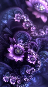 Vibrant purple fractal flowers in swirling abstract space.