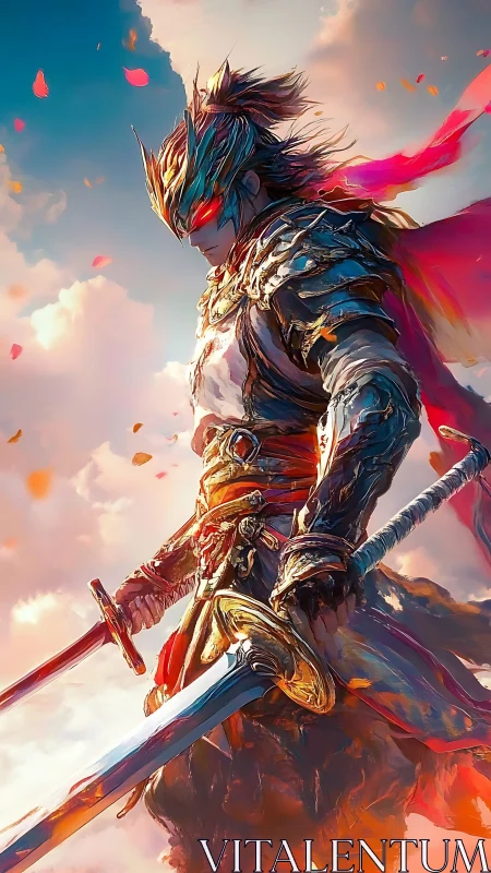 Armored twin-blade warrior in burning sky backlight, portrait