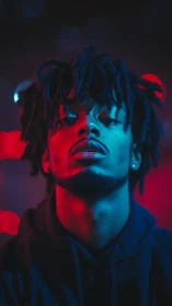 Portrait under contrasting blue and red studio lighting.