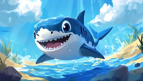 Cartoon shark swims in shallow surf with stylized lighting and foam