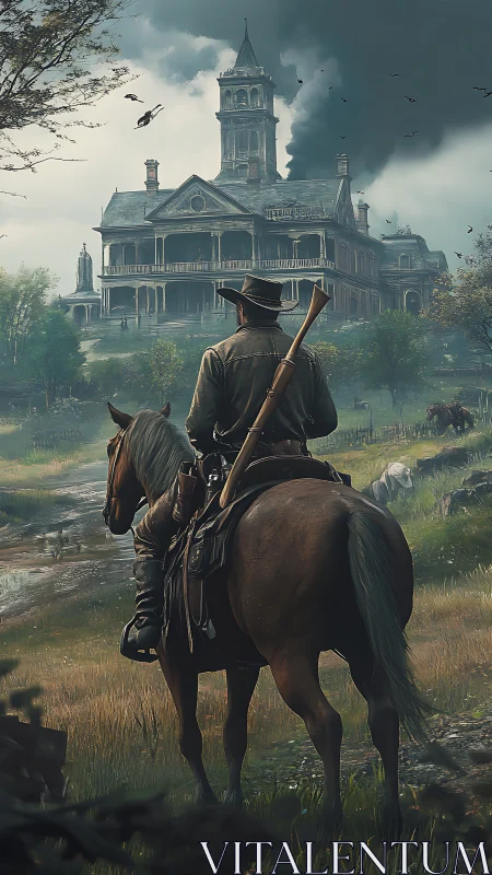 Rider studies burning Victorian mansion in cinematic depth