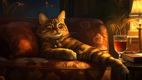 Tabby cat on patterned sofa beside lit table lamp at night.