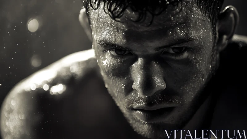 Intense Portrait with Water Droplets and Dramatic Lighting