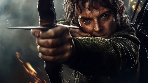 Fierce archer holds a steady aim in a tense fantasy moment