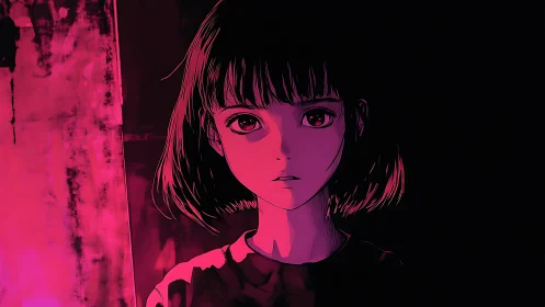 Neon-lit anime portrait with high-contrast chiaroscuro lighting.
