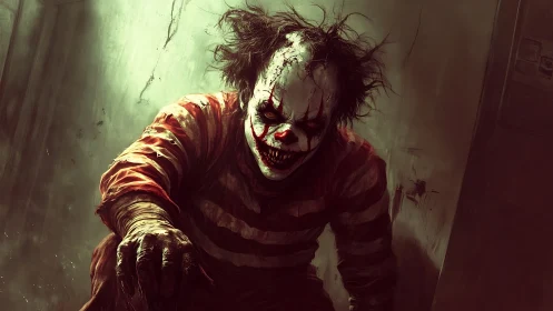 Sinister circus clown emerging from eerie green shadows.