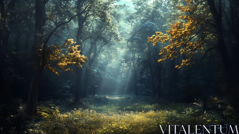 Atmospheric Forest Clearing with Deciduous Canopy Illumination and Golden Foliage