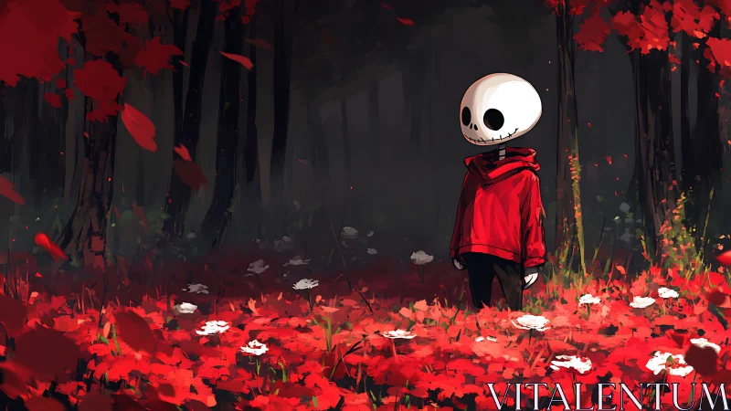 Quiet skull-headed wanderer explores a red autumn dream