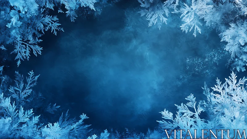 Frozen foliage frame surrounds deep winter blue void.