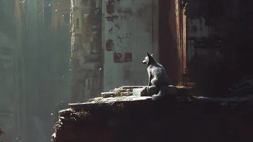 Solitary wolf sits on sunlit ledge in decayed structure