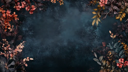 Dark botanical frame with rust-red florals and teal foliage.