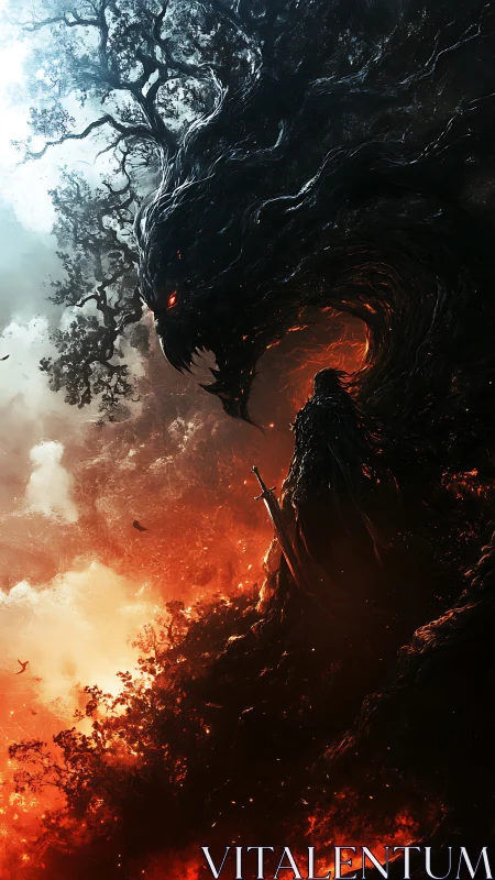 Armored warrior confronting colossal fiery shadow beast