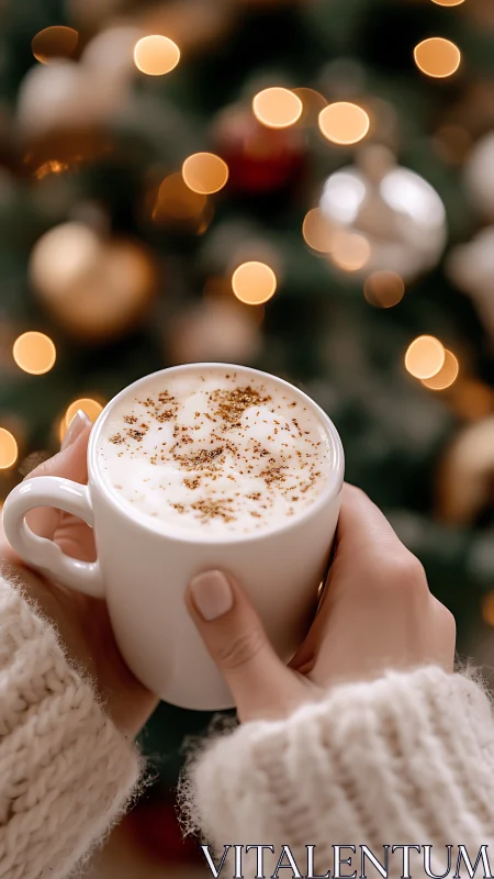 Hands cradle a festive latte before warm holiday lights