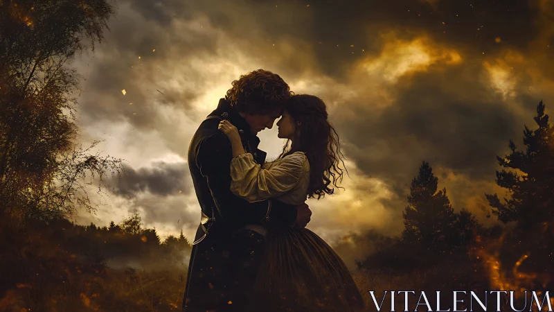 Two figures in period dress positioned against dramatic clouded sky.