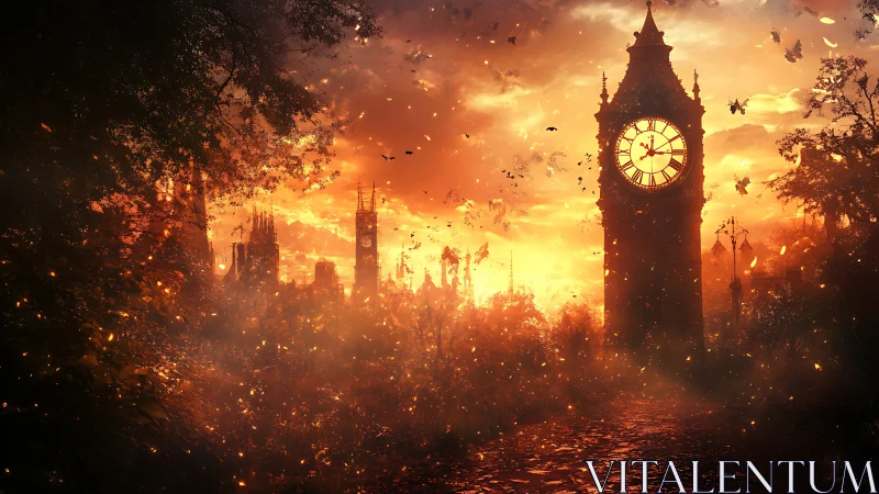 Clock tower at sunset amid glowing urban foliage scene.