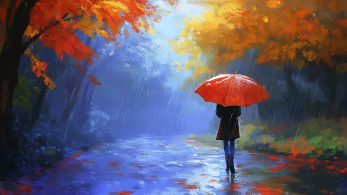 Solitary figure under red umbrella on rainy autumn path