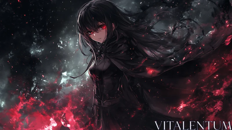 Dark haired anime heroine wrapped in crimson stormlight.