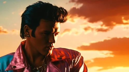 Sunset spotlight wraps a rock-style singer in glowing warmth