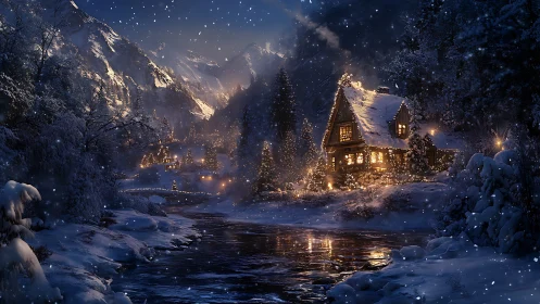Snowy alpine cabin glows beside reflective winter river.