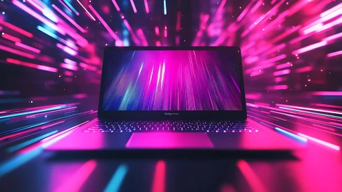 Laptop with neon motion trails in vivid pink lightscape.