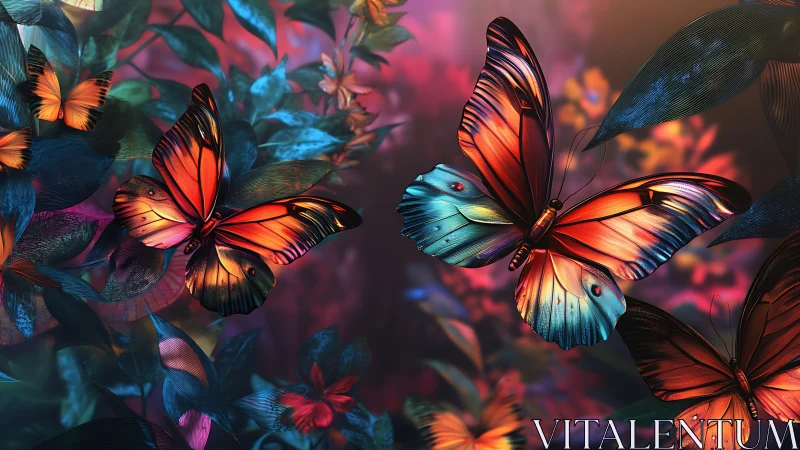 Iridescent butterflies glow over neon jungle foliage at dusk.