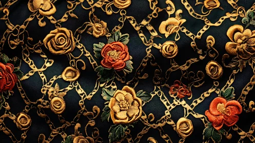 Ornate Garden Flourish: Embroidered Blooms on Midnight Canvas