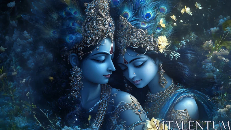 Divine blue couple rendered in ornate luminous digital painting