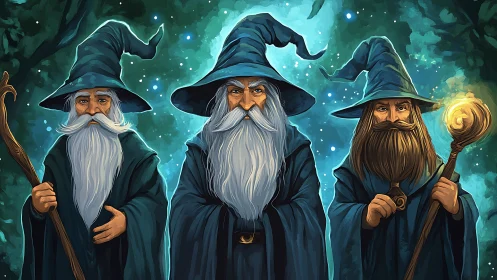 Digital painting of three forest wizards in luminous cloaks.