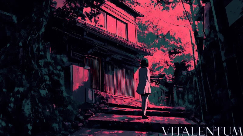 Girl stands on shaded stone steps below neon lit house