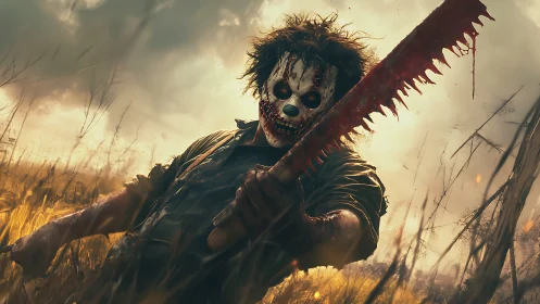 Ferocious masked figure raises a brutal saw in wild field