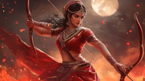 Female archer in red attire under full moon with flames.