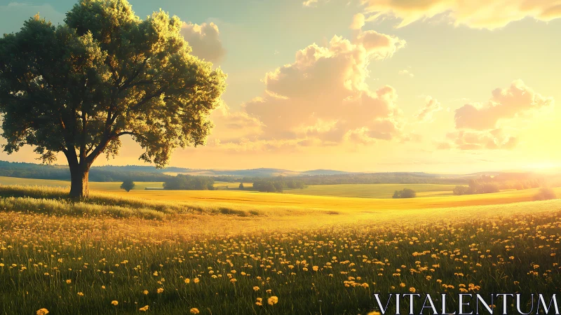 Golden hour landscape renders solitary tree in radiant bloom