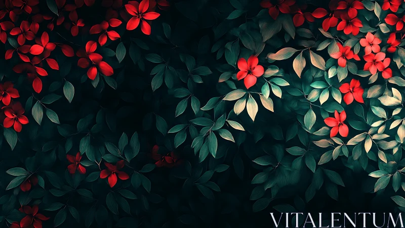 Red flowers over dark teal foliage in dense pattern.