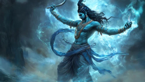 Mythic blue warrior conjures swirling celestial storm.