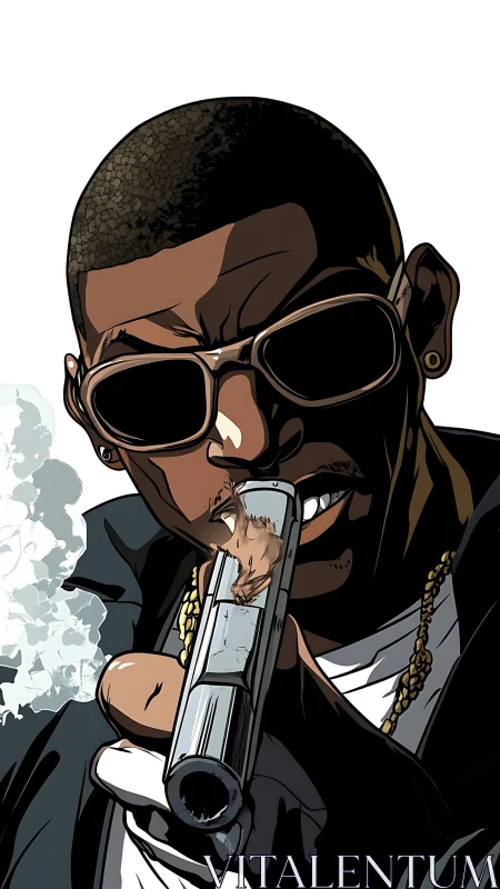 Stylized gunman portrait with close-up firearm perspective.