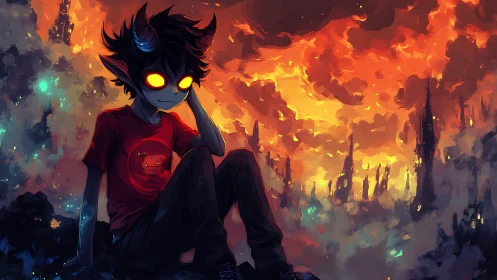 Demon child watches burning city under molten sky.