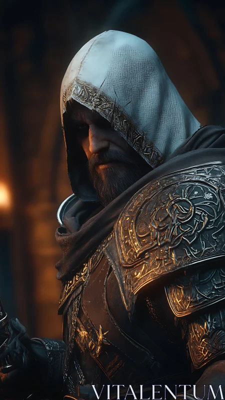 Hooded paladin in gilt lamellar armor under cathedral torchlight.