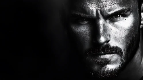 Intense male portrait emerges from deep monochrome shadow