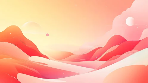 Digital painting of abstract pastel desert hills and suns.