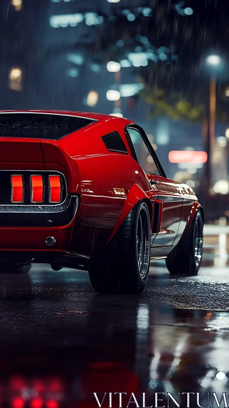 Scarlet street racer idling under neon rainlight hush.