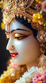 Ornate Hindu goddess statue in radiant floral adornment.