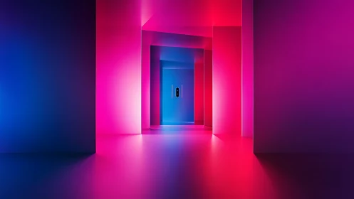 Glowing neon hallway leading toward a calm blue doorway.