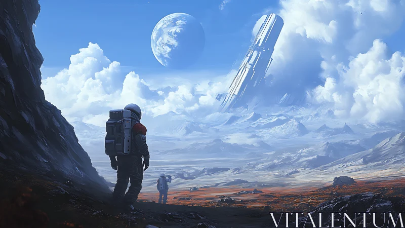 Astronauts study colossal derelict tower on frozen exoplanet