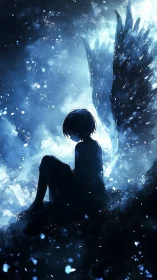 Moonlit fallen angel curls beneath a storm of blue embers.