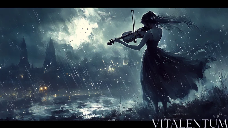 Woman plays violin in heavy rain beside illuminated water
