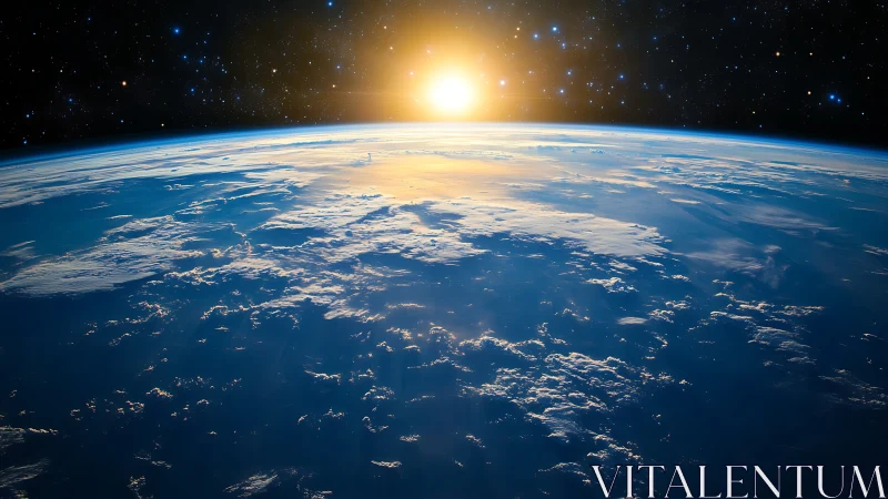 Sunrise over Earth’s curved horizon from outer space.