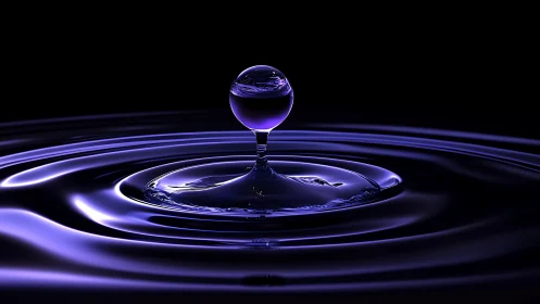 Violet liquid droplet rises from rippling surface in darkness