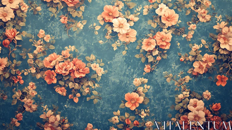 Vintage floral pattern spreads over distressed teal background